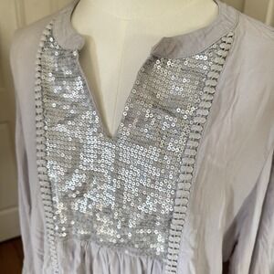 Chicos Gray Lightweight Gauzey Top Sequin Boho Blouse Sz 2 L Dressy Tunic